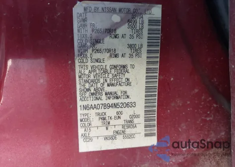 2004 Nissan Titan Se from USA, damaged, VIN 1N6AA07B94N520633